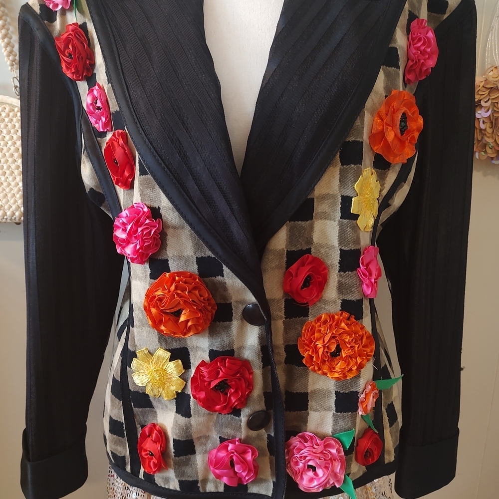 Gene Ewing BIS Vintage Floral Embellished Checkered Women's Blazer Medium - Picture 2 of 14